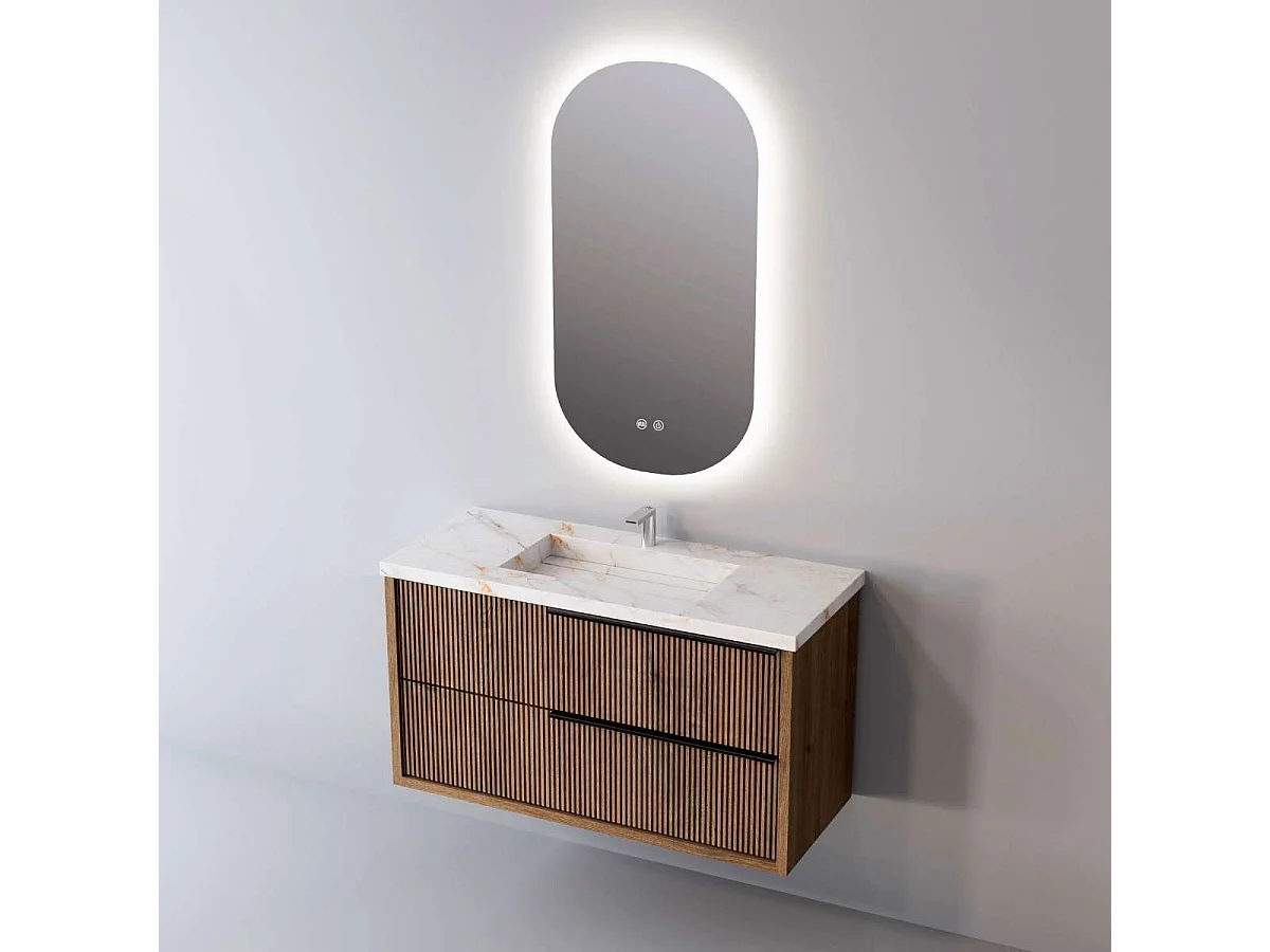 Meuble Salle de Bain TREND (81 cm x H54 x P45 cm), Plan Vasque Grès Cérame BS, 2 Tiroirs Impression 3D Poignée Noir, Chêne Foncé