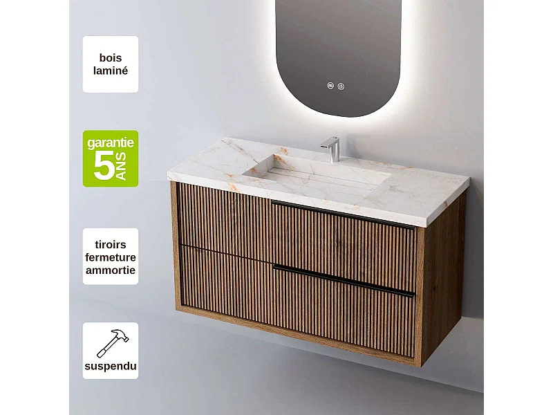 Meuble Salle de Bain TREND (81 cm x H54 x P45 cm), Plan Vasque Grès Cérame BS, 2 Tiroirs Impression 3D Poignée Noir, Chêne Foncé