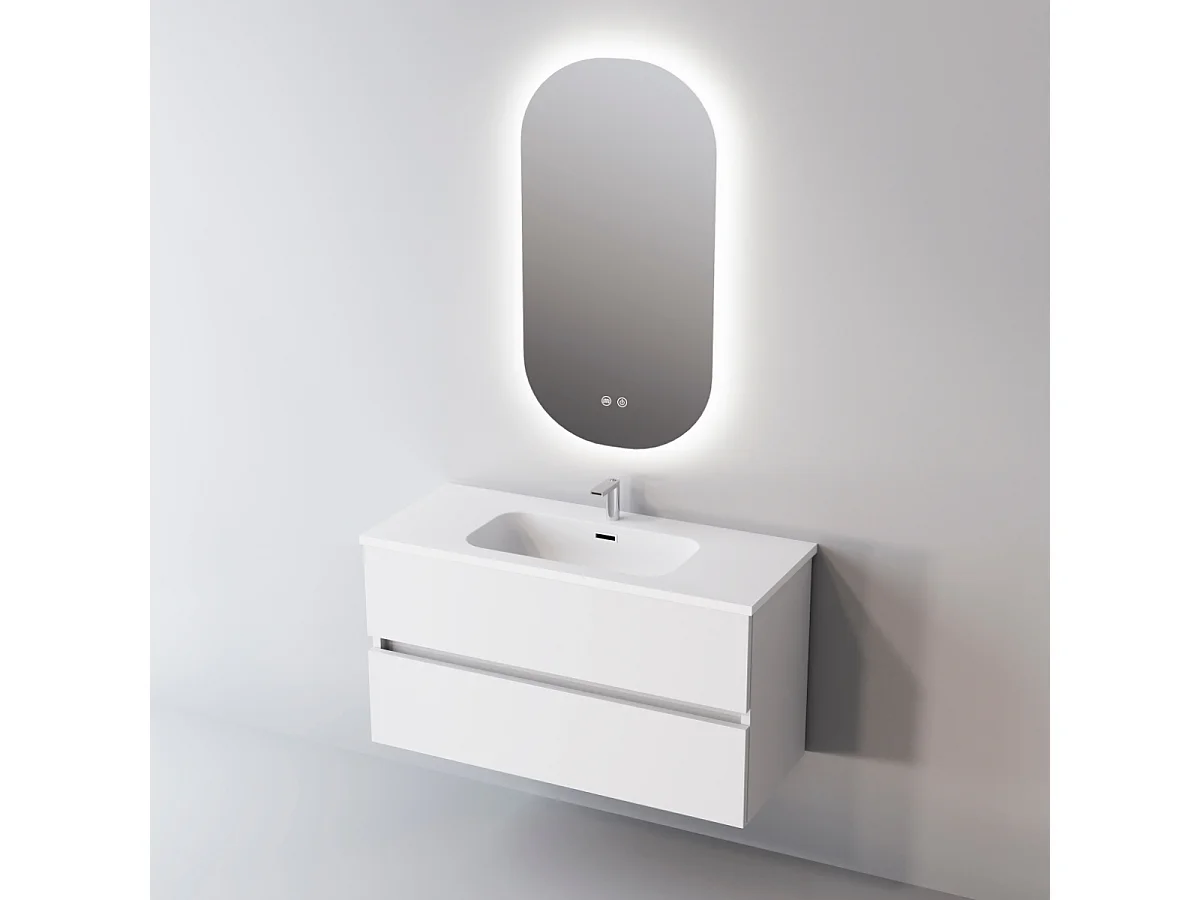 Meuble Salle de Bain ANCONA (101 cm x H54 x P45 cm), Plan Vasque Céramique WB, 2 Tiroirs, Blanc Brillant