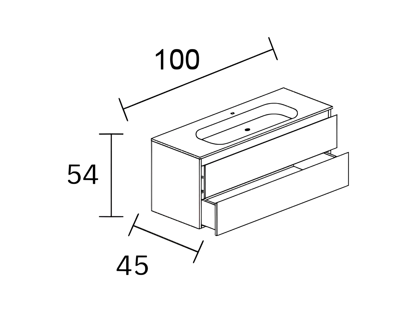 Meuble Salle de Bain ANCONA (101 cm x H54 x P45 cm), Plan Vasque Céramique WB, 2 Tiroirs, Blanc Brillant