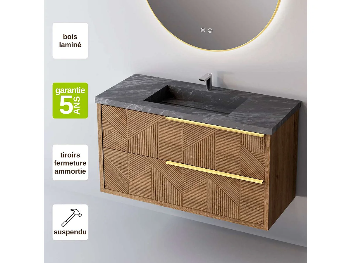 Meuble Salle de Bain REEL 80cm, Plan Vasque Grès Cérame, 2 Tiroirs Impression 3D Poignée Or, Finition Chêne Moyen, H 54cm x P 45cm