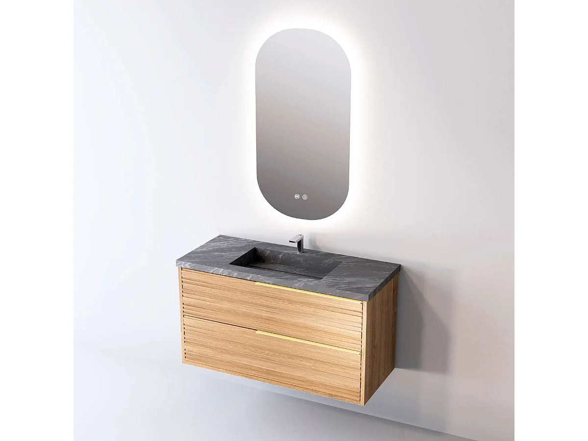 Meuble Salle de Bain BAMBOO (81 cm x H54 x P45 cm), Plan Vasque Grès Cérame NA, 2 Tiroirs Poignée Or, Chêne Naturel