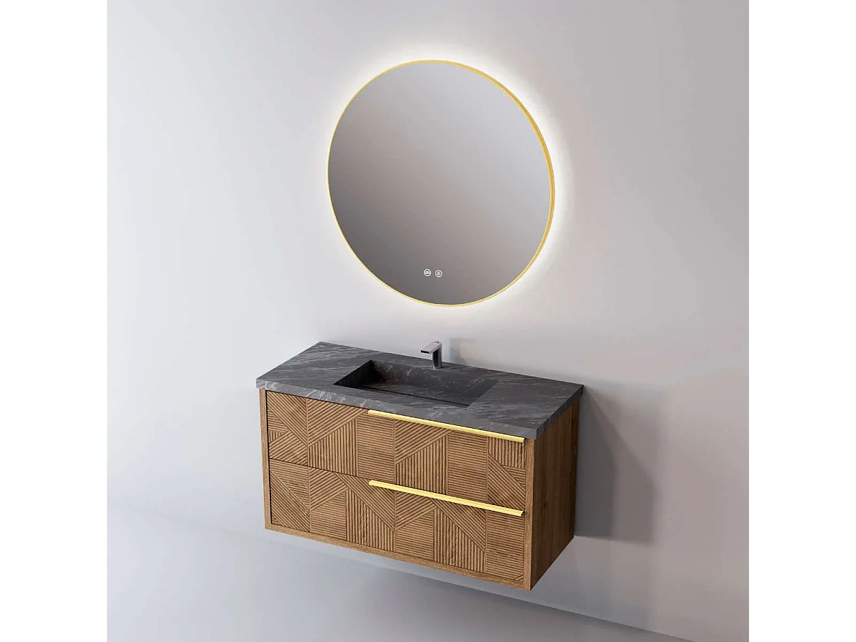 Meuble Salle de Bain REEL (101 cm x H54 x P45 cm), Plan Vasque Grès Cérame NA, 2 Tiroirs Impression 3D Poignée Or, Chêne Moyen