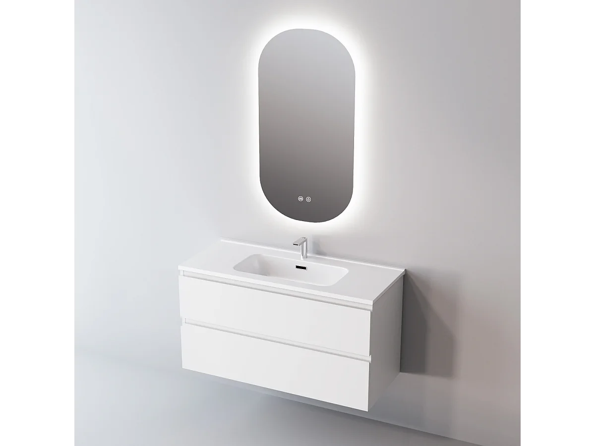 Meuble Salle de Bain STEP (61 cm x H54 x P45 cm), Plan Vasque Grès Cérame BS, 2 Tiroirs, Laqué Blanc Mat