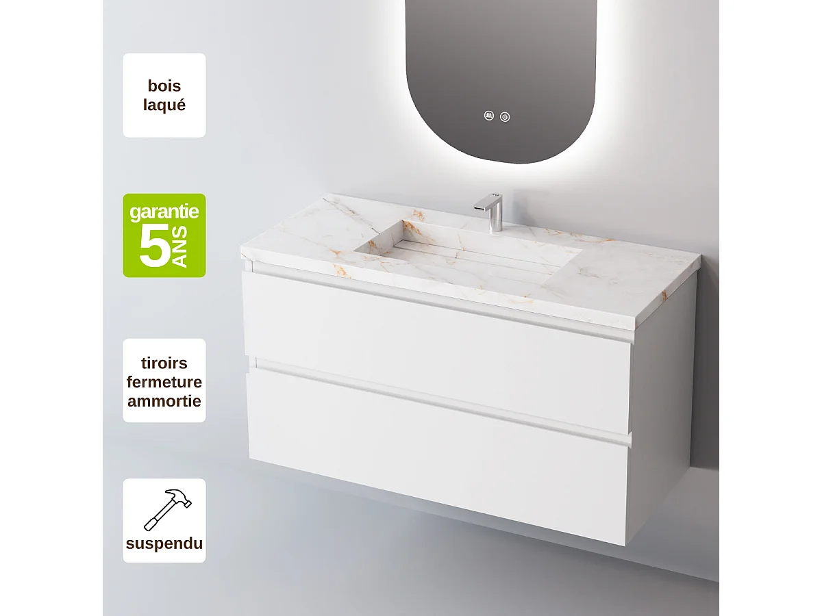 Meuble Salle de Bain STEP 60cm, Plan Vasque Grès Cérame, 2 Tiroirs, Laqué Blanc Mat, H 54cm x P 45cm