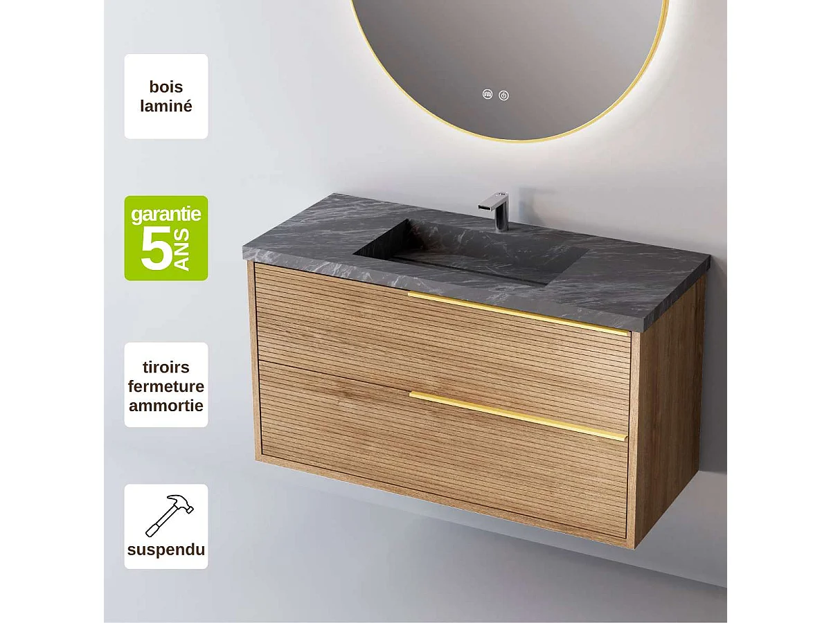 Meuble Salle de Bain LISTELLO (101 cm x H54 x P45 cm), Plan Vasque Grès Cérame NA, 2 Tiroirs Impression 3D Poignée Or, Chêne Naturel