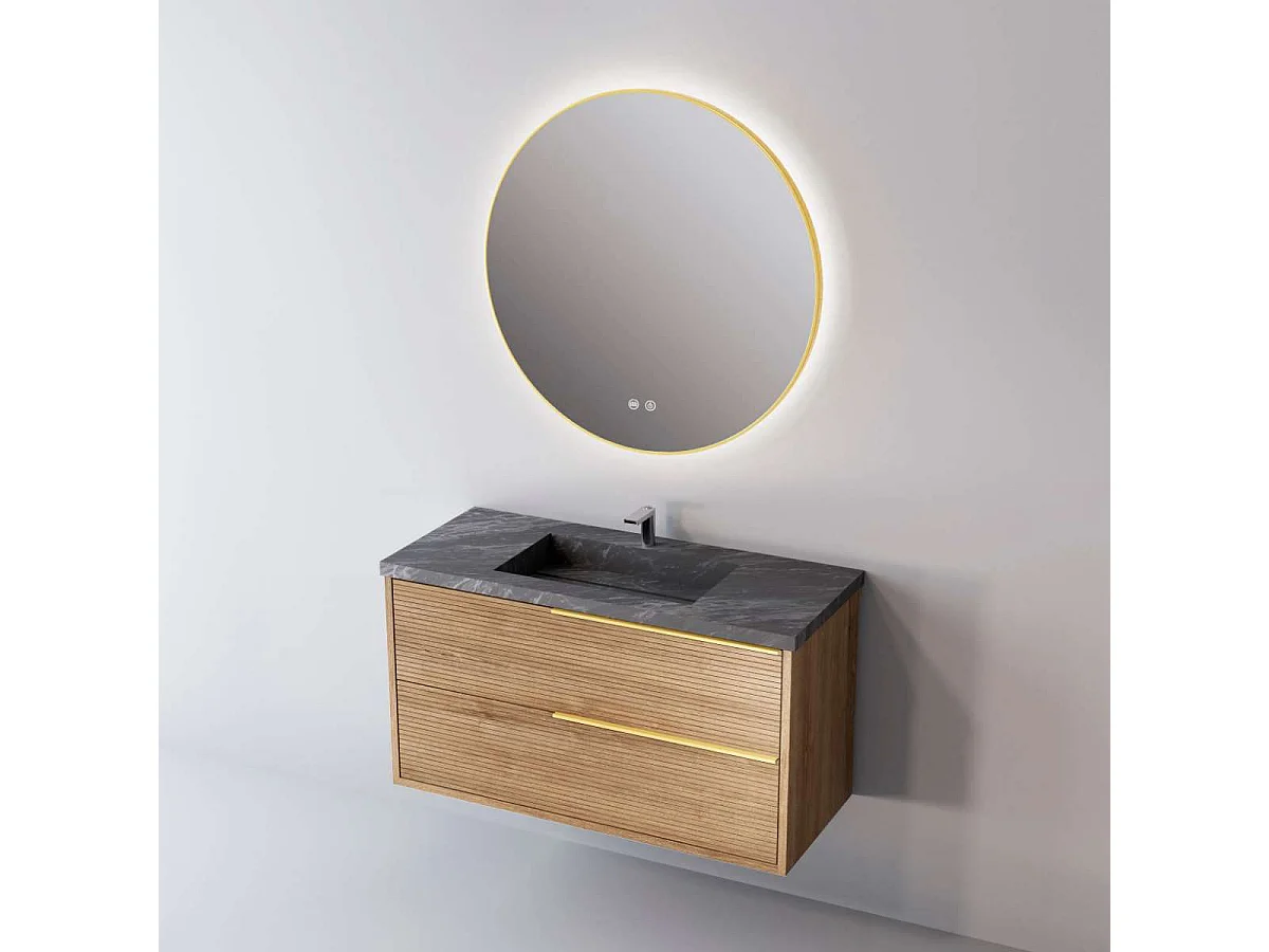 Meuble Salle de Bain LISTELLO (101 cm x H54 x P45 cm), Plan Vasque Grès Cérame NA, 2 Tiroirs Impression 3D Poignée Or, Chêne Naturel