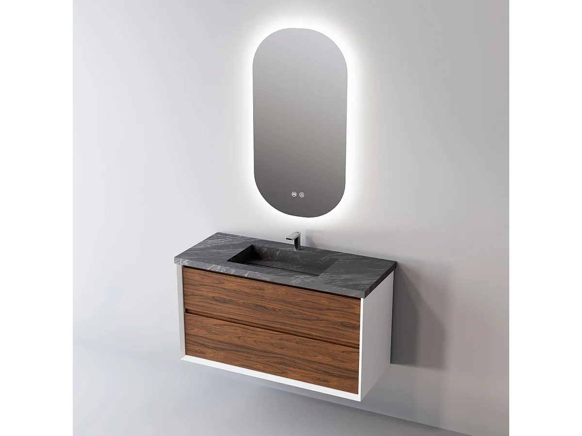 Meuble Salle de Bain COOL  (81 cm x H54 x P45 cm), Plan Vasque Grès Cérame NA, 2 Tiroirs, Laqué Blanc Mat/Noyer