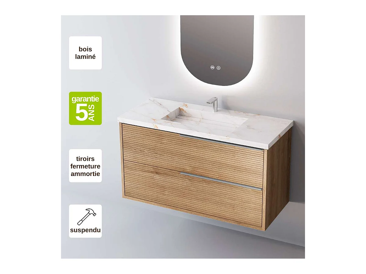 Meuble Salle de Bain LISTELLO (61 cm x H54 x P45 cm), Plan Vasque Grès Cérame BS, 2 Tiroirs Impression 3D Poignée Inox Satiné, Chêne Naturel