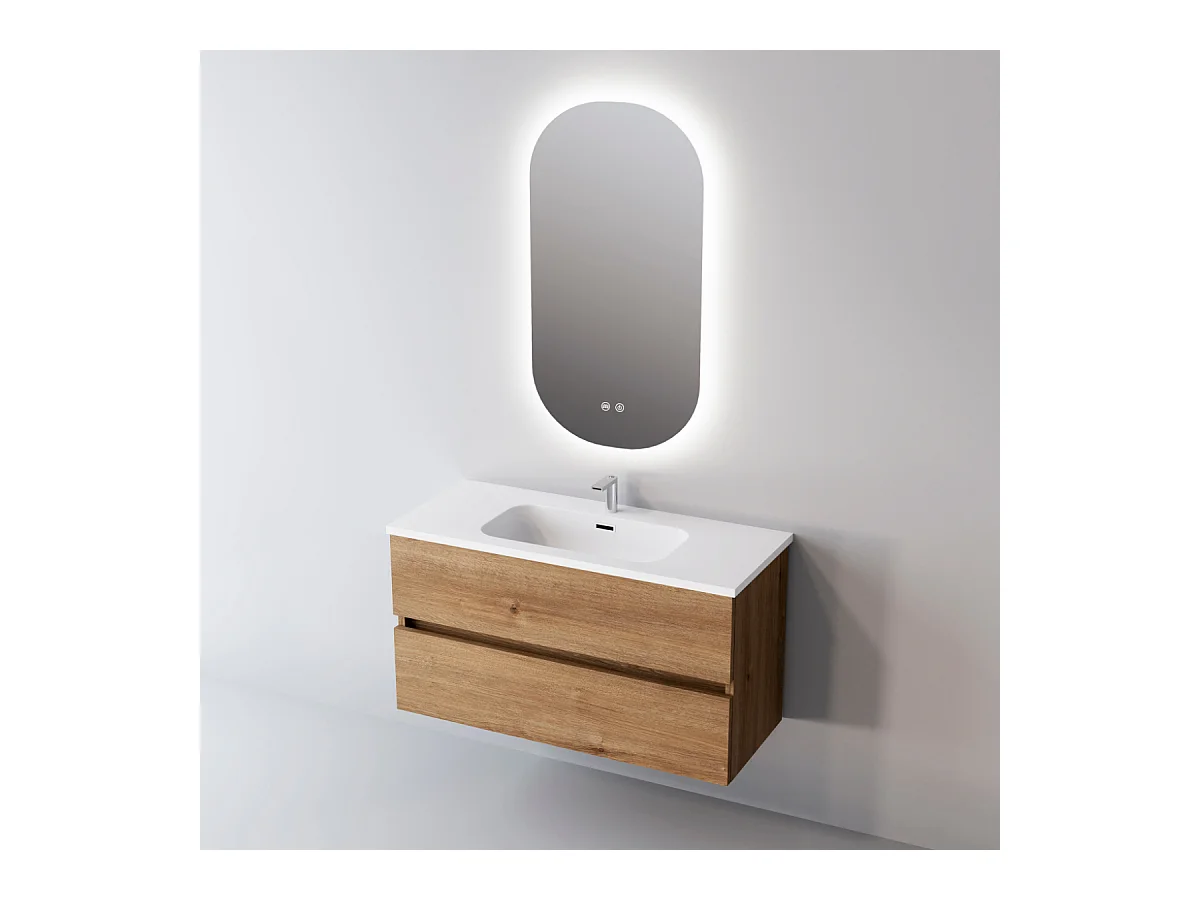 Meuble Salle de Bain ANCONA (61 cm x H54 x P45 cm), Plan Vasque Solide Surface, 2 Tiroirs, Chêne Naturel