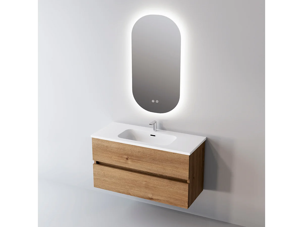 Meuble Salle de Bain ANCONA (61 cm x H54 x P45 cm), Plan Vasque Solide Surface, 2 Tiroirs, Chêne Naturel