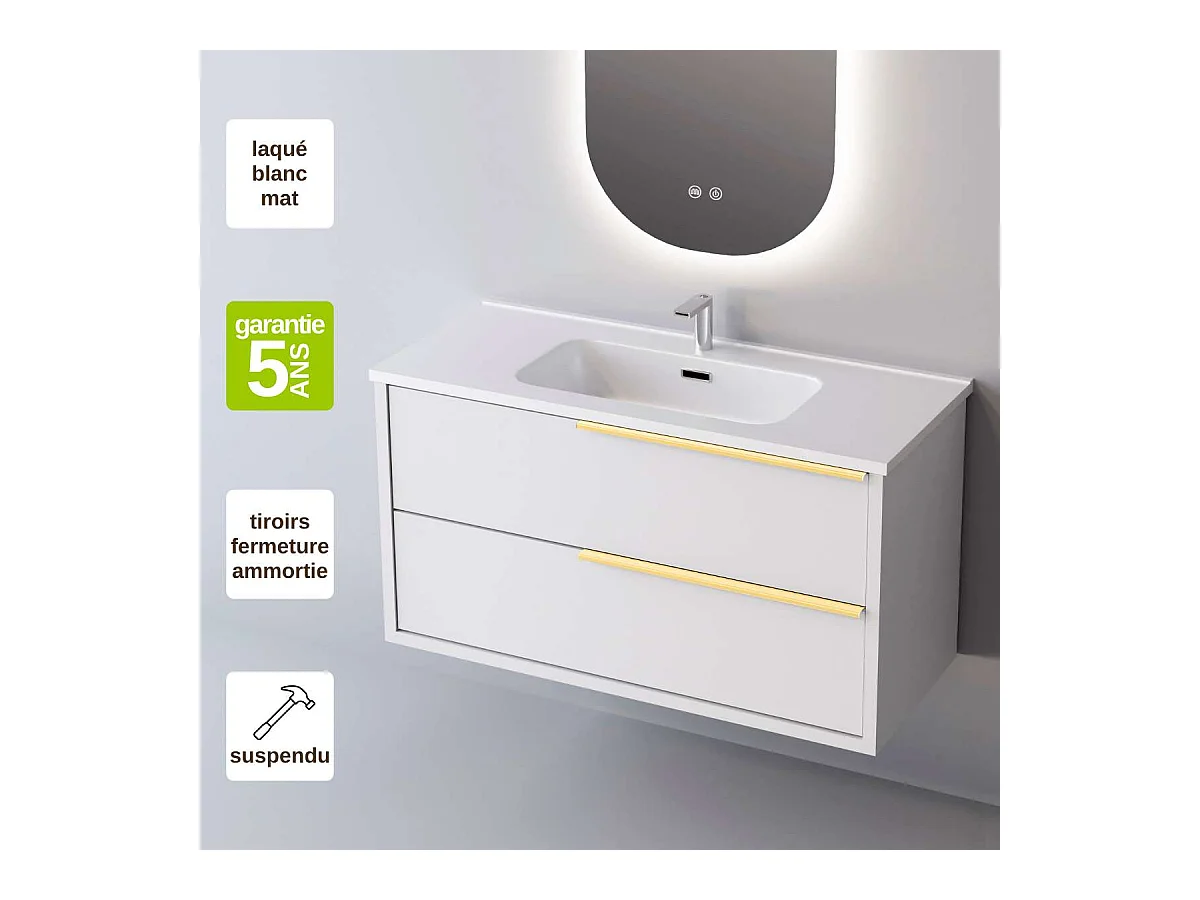 Meuble Salle de Bain LIKE (61 cm x H54 x P45 cm), Plan Vasque Solide Surface, 2 Tiroirs Poignée Or, Laqué Blanc Mat