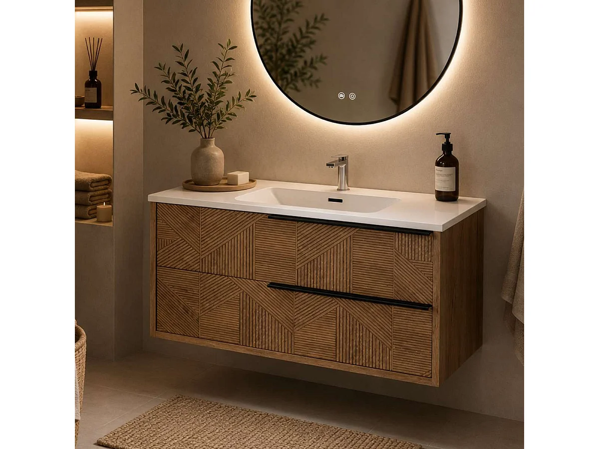 Meuble Salle de Bain REEL 80cm, Plan Vasque Grès Cérame, 2 Tiroirs Impression 3D Poignée Noir, Finition Chêne Moyen, H 54cm x P 45cm