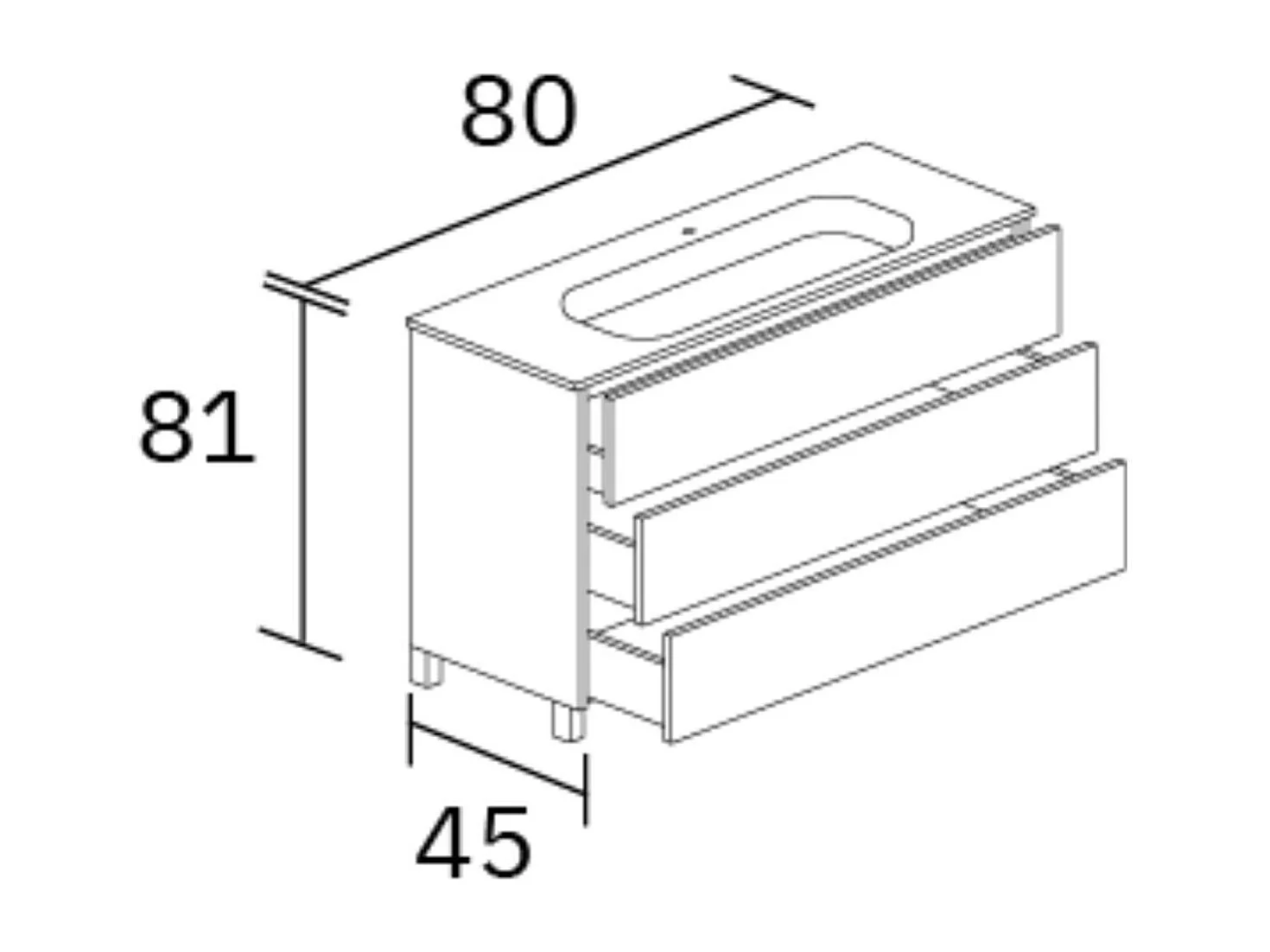 Meuble salle de bain ATRANI 80cm – Plan vasque céramique, 3 tiroirs, finition Finition Chêne Naturel, H 54cm x P 45cm