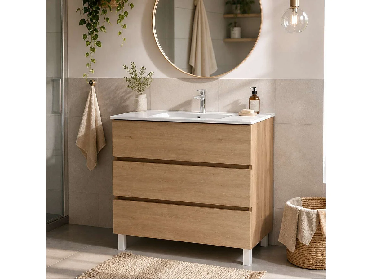 Meuble salle de bain ATRANI 80cm – Plan vasque céramique, 3 tiroirs, finition Finition Chêne Naturel, H 54cm x P 45cm