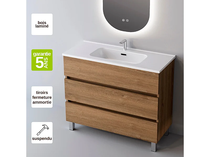 Meuble Salle de Bain ATRANI (81 cm x H90 x P45 cm), Plan Vasque Céramique WB, 3 Tiroirs, Chêne Naturel