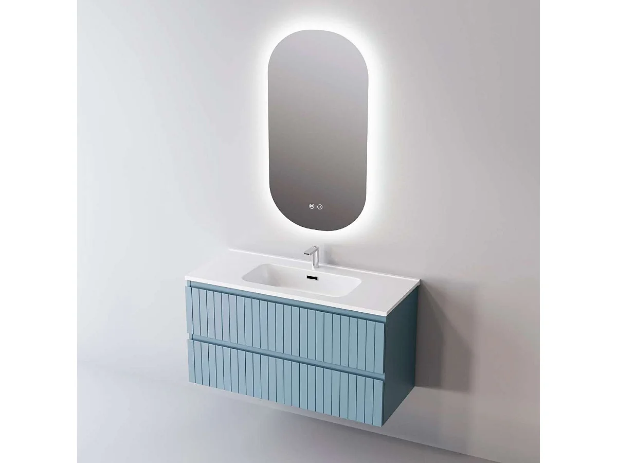 Meuble Salle de Bain GLOW (81 cm x H54 x P45 cm), Plan Vasque Solide Surface, 2 Tiroirs, Laqué Bleu Cobalt Mat