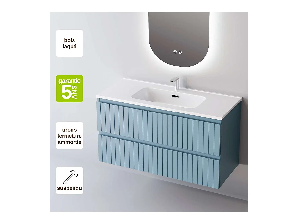 Meuble Salle de Bain GLOW (81 cm x H54 x P45 cm), Plan Vasque Solide Surface, 2 Tiroirs, Laqué Bleu Cobalt Mat
