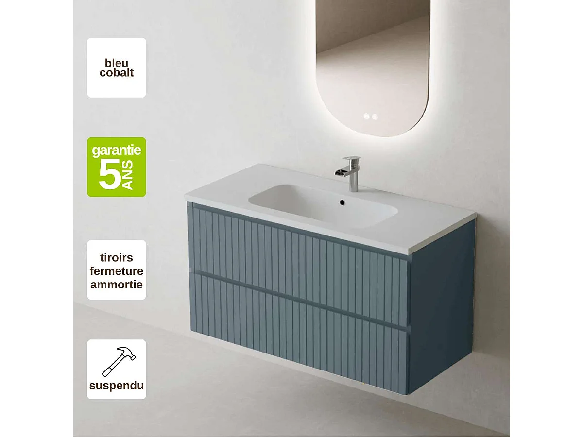 Meuble Salle de Bain GLOW 80cm, Plan Vasque Solid Surface, 2 Tiroirs, Laqué Bleu Cobalt, H 54cm x P 45cm
