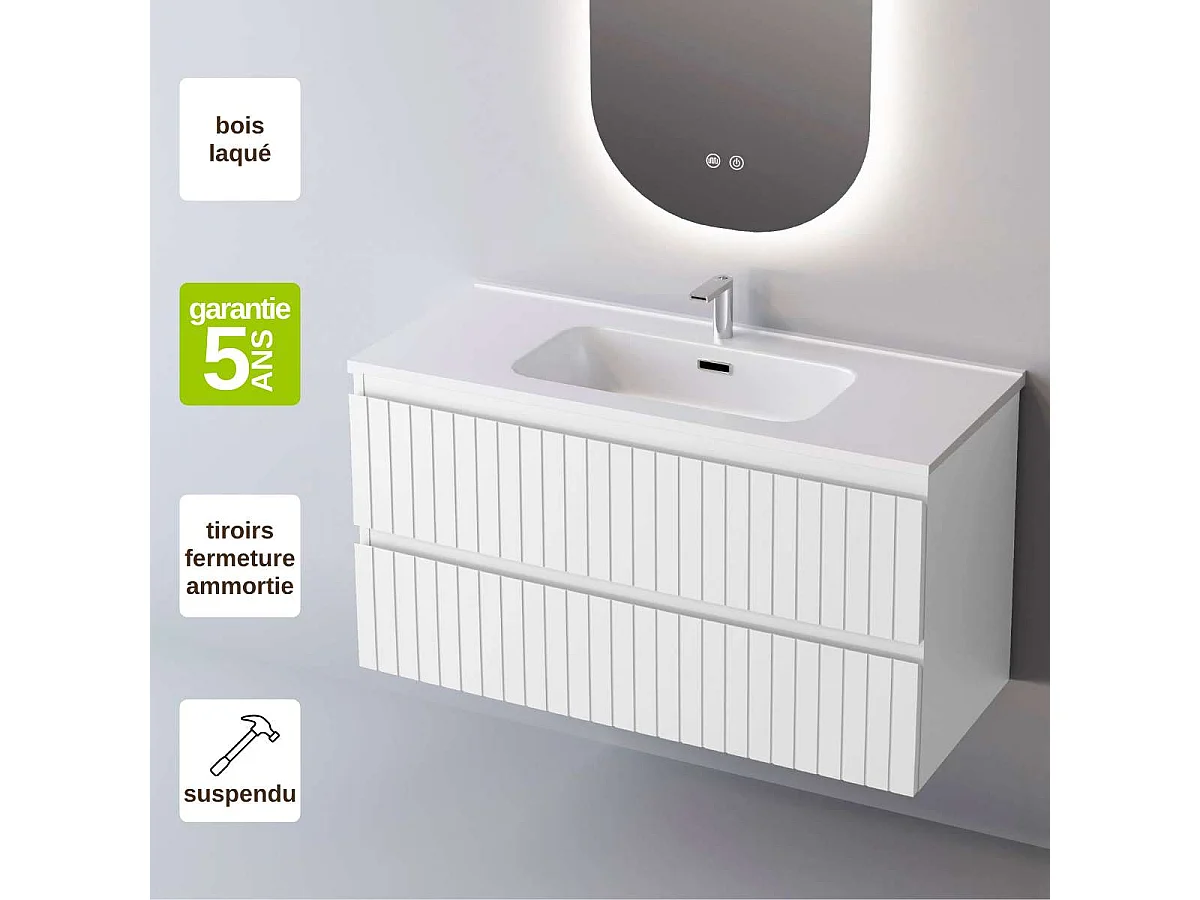 Meuble Salle de Bain GLOW 100cm, Plan Vasque Céramique, 2 Tiroirs, Laqué Blanc Mat, H 54cm x P 45cm