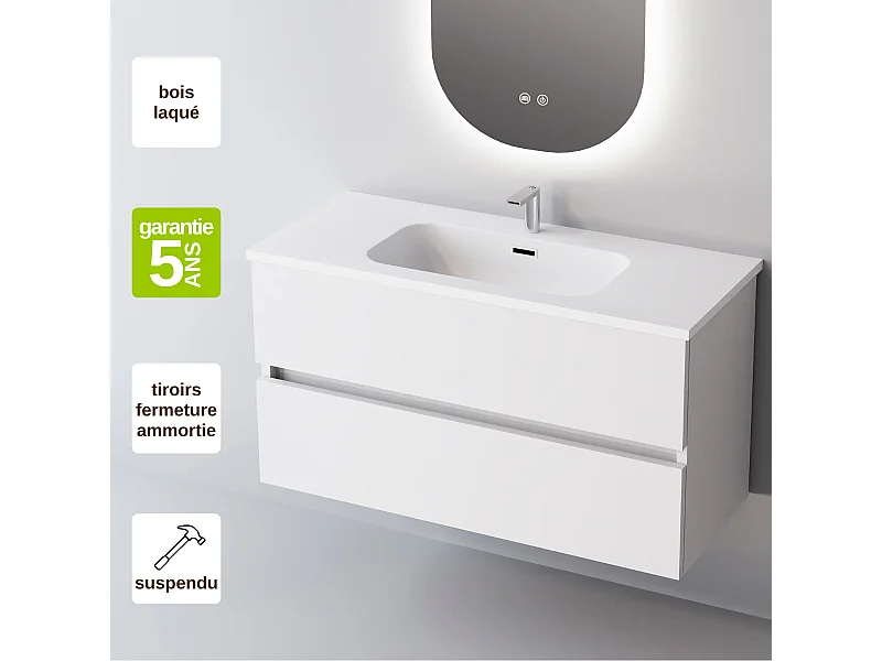Meuble Salle de Bain ANCONA (101 cm x H54 x P45 cm), Plan Vasque Solide Surface, 2 Tiroirs, Blanc Brillant