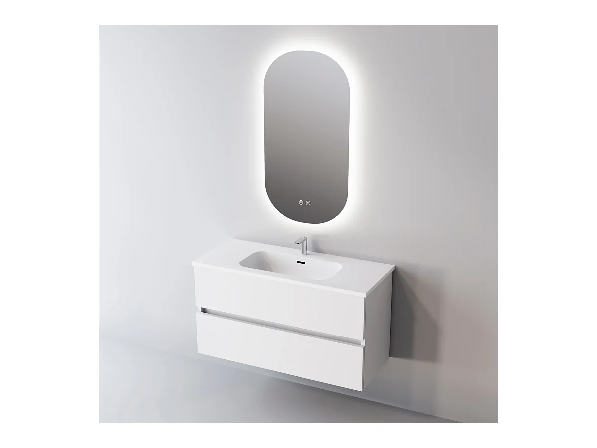 Meuble Salle de Bain ANCONA (101 cm x H54 x P45 cm), Plan Vasque Solide Surface, 2 Tiroirs, Blanc Brillant