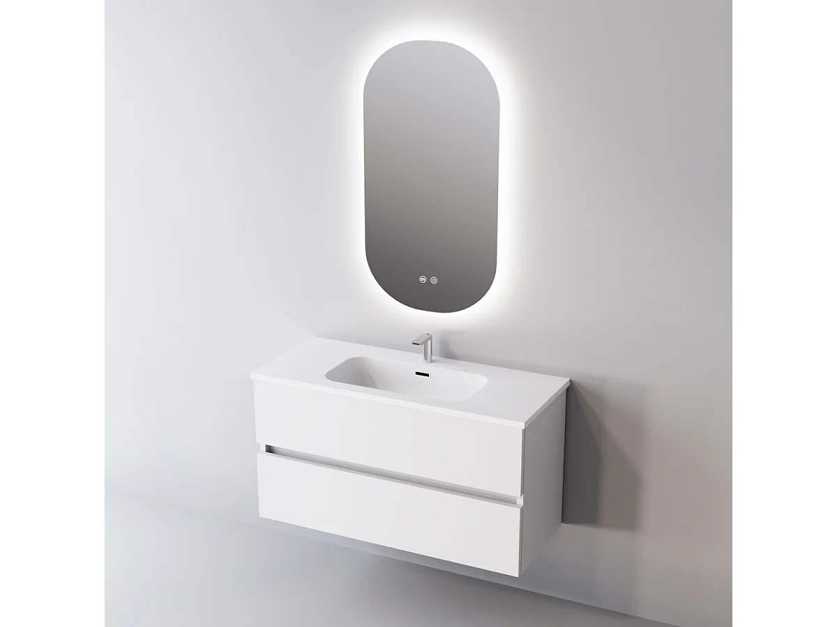 Meuble Salle de Bain ANCONA (101 cm x H54 x P45 cm), Plan Vasque Solide Surface, 2 Tiroirs, Blanc Brillant