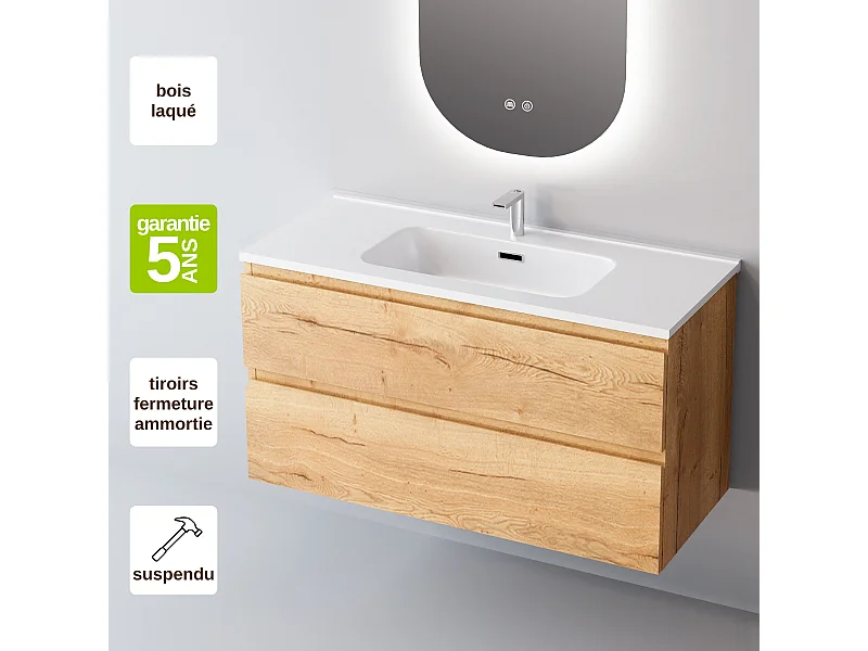 Meuble Salle de Bain STEP (61 cm x H54 x P45 cm), Plan Vasque Céramique WB, 2 Tiroirs, Finition Chêne Clair