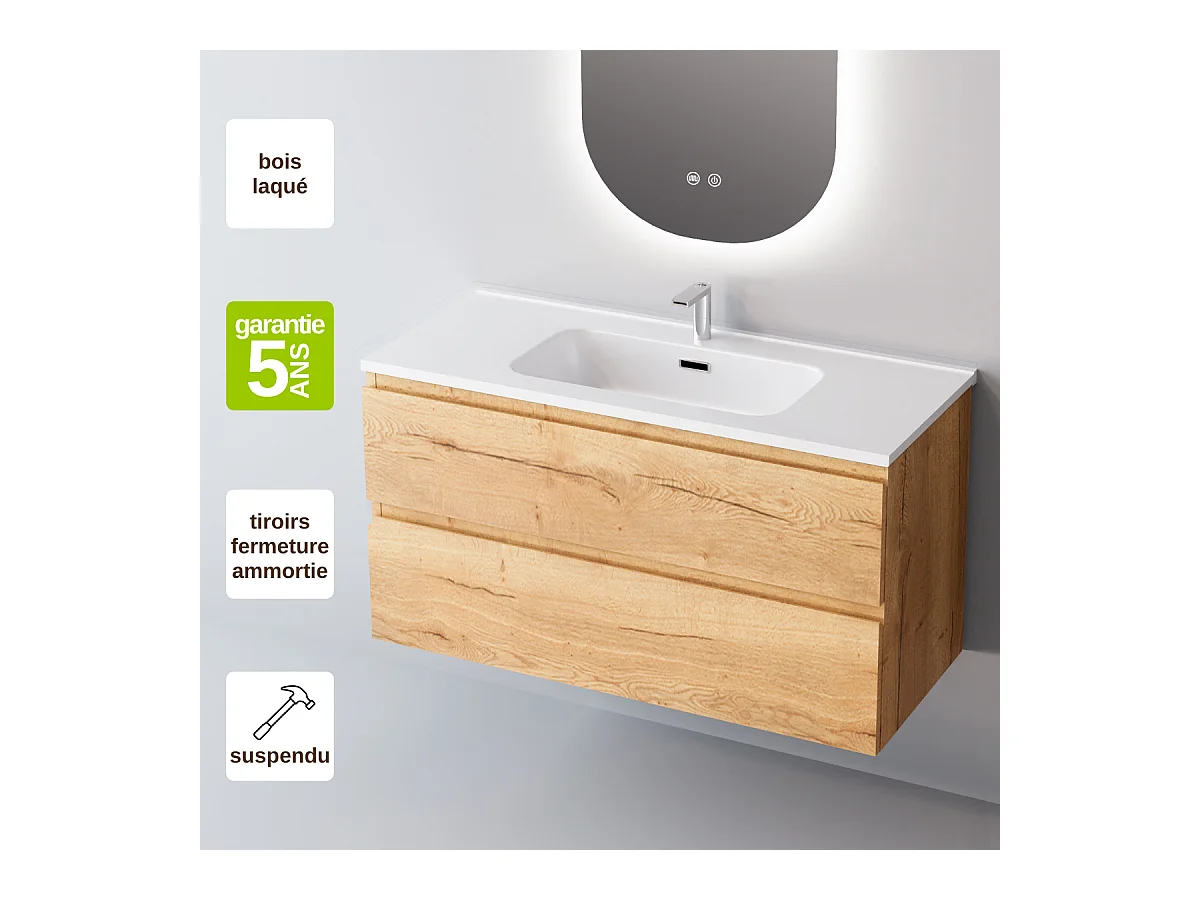 Meuble Salle de Bain STEP (61 cm x H54 x P45 cm), Plan Vasque Céramique WB, 2 Tiroirs, Finition Chêne Clair