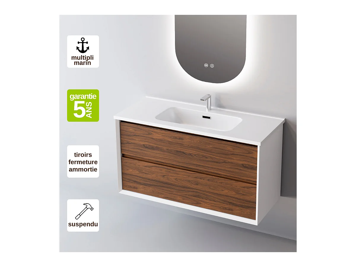 Meuble Salle de Bain COOL  (101 cm x H54 x P45 cm), Plan Vasque Céramique WB, 2 Tiroirs, Laqué Blanc Mat/Noyer