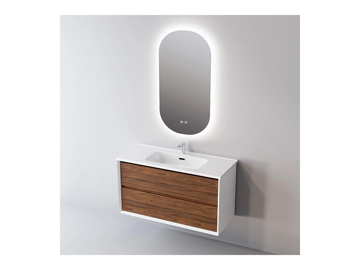 Meuble Salle de Bain COOL  (101 cm x H54 x P45 cm), Plan Vasque Céramique WB, 2 Tiroirs, Laqué Blanc Mat/Noyer