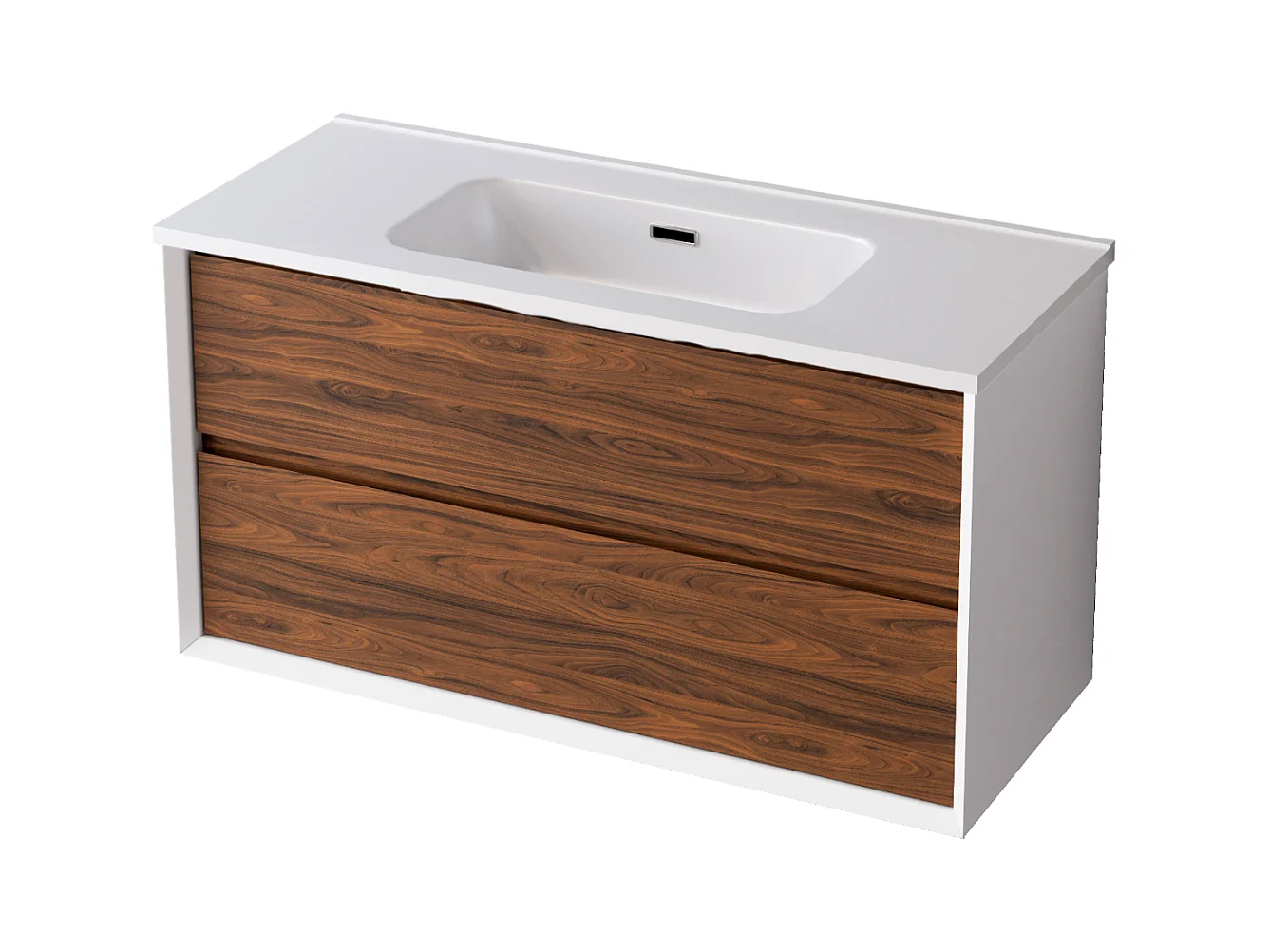 Meuble Salle de Bain COOL  (101 cm x H54 x P45 cm), Plan Vasque Céramique WB, 2 Tiroirs, Laqué Blanc Mat/Noyer