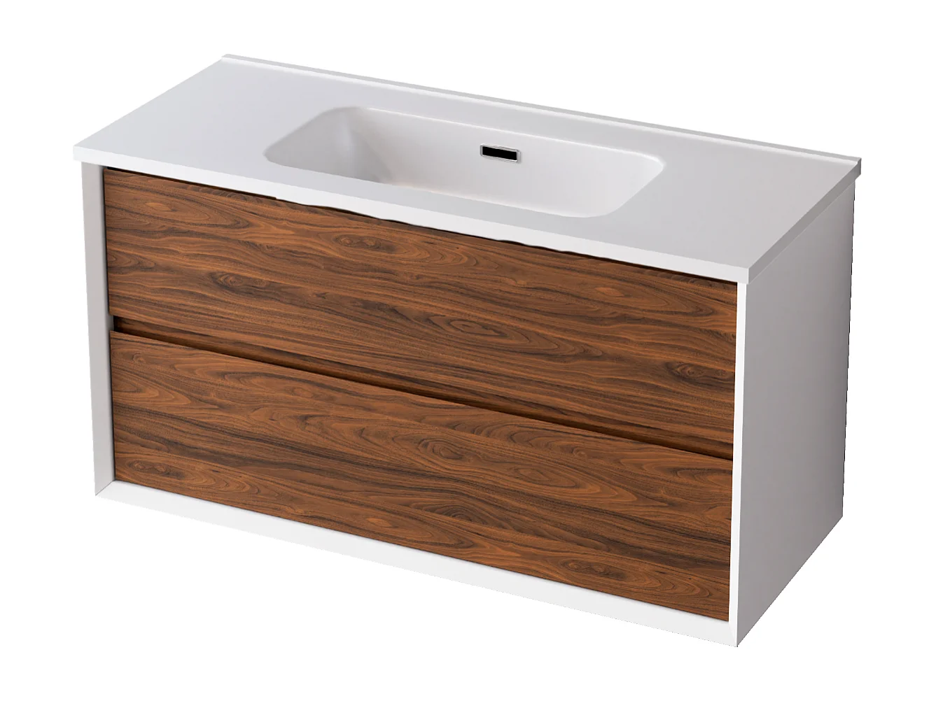 Meuble Salle de Bain COOL  (101 cm x H54 x P45 cm), Plan Vasque Céramique WB, 2 Tiroirs, Laqué Blanc Mat/Noyer