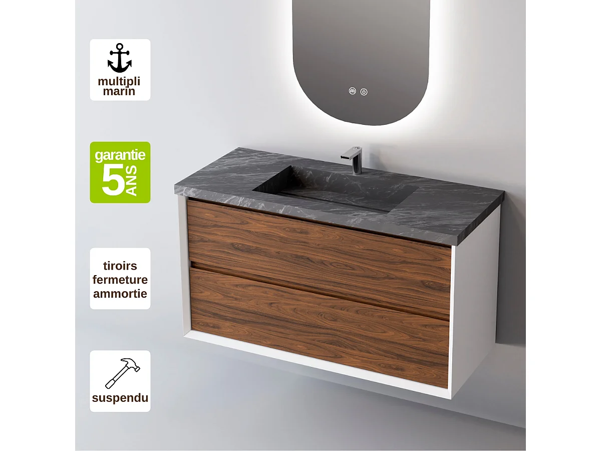 Meuble Salle de Bain COOL  (61 cm x H54 x P45 cm), Plan Vasque Grès Cérame NA, 2 Tiroirs, Laqué Blanc Mat/Noyer