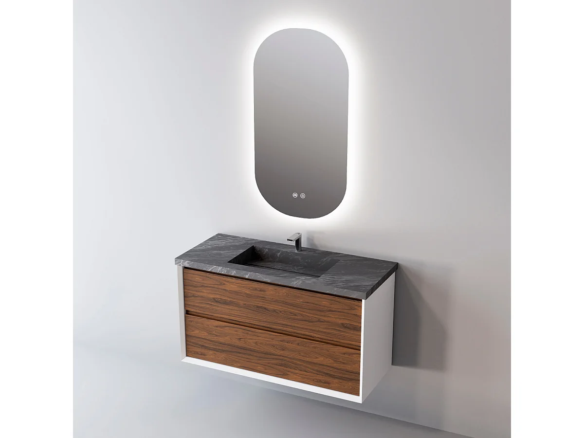 Meuble Salle de Bain COOL  (61 cm x H54 x P45 cm), Plan Vasque Grès Cérame NA, 2 Tiroirs, Laqué Blanc Mat/Noyer