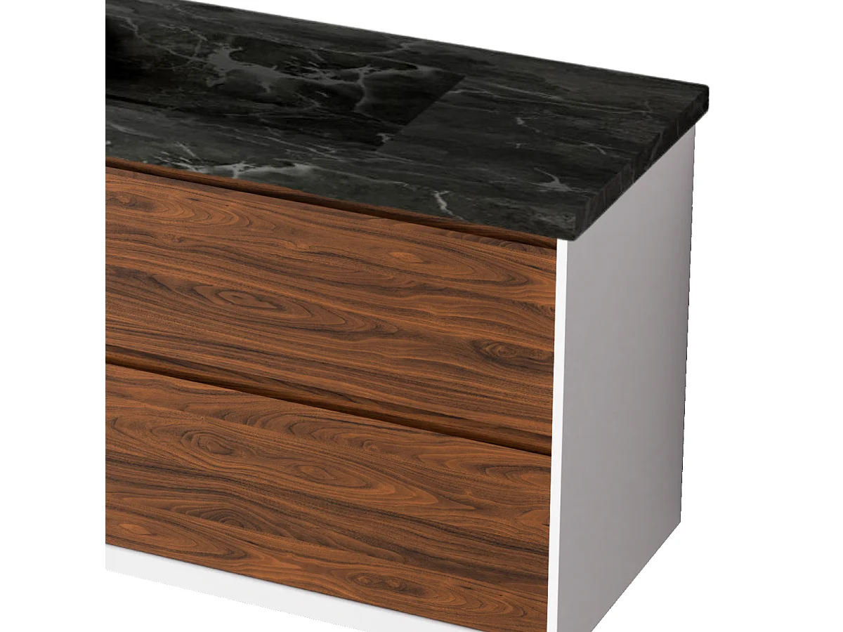 Meuble Salle de Bain COOL  (61 cm x H54 x P45 cm), Plan Vasque Grès Cérame NA, 2 Tiroirs, Laqué Blanc Mat/Noyer