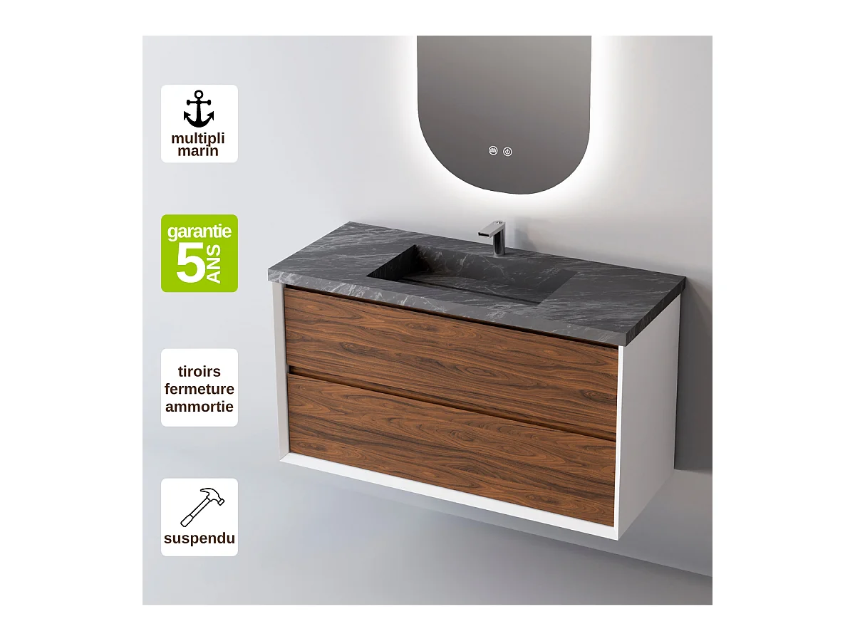 Meuble Salle de Bain COOL  (61 cm x H54 x P45 cm), Plan Vasque Grès Cérame NA, 2 Tiroirs, Laqué Blanc Mat/Noyer