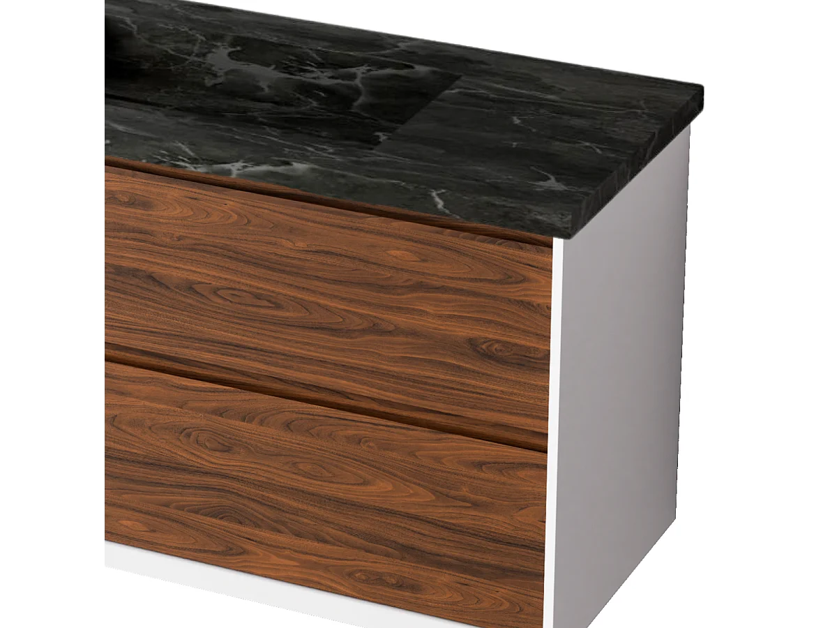 Meuble Salle de Bain COOL  (61 cm x H54 x P45 cm), Plan Vasque Grès Cérame NA, 2 Tiroirs, Laqué Blanc Mat/Noyer