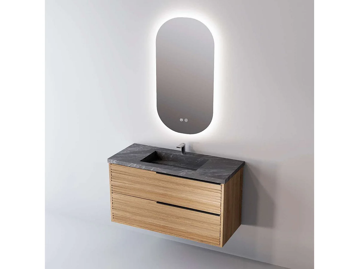 Meuble Salle de Bain BAMBOO (101 cm x H54 x P45 cm), Plan Vasque Grès Cérame NA, 2 Tiroirs Poignée Noir, Chêne Naturel