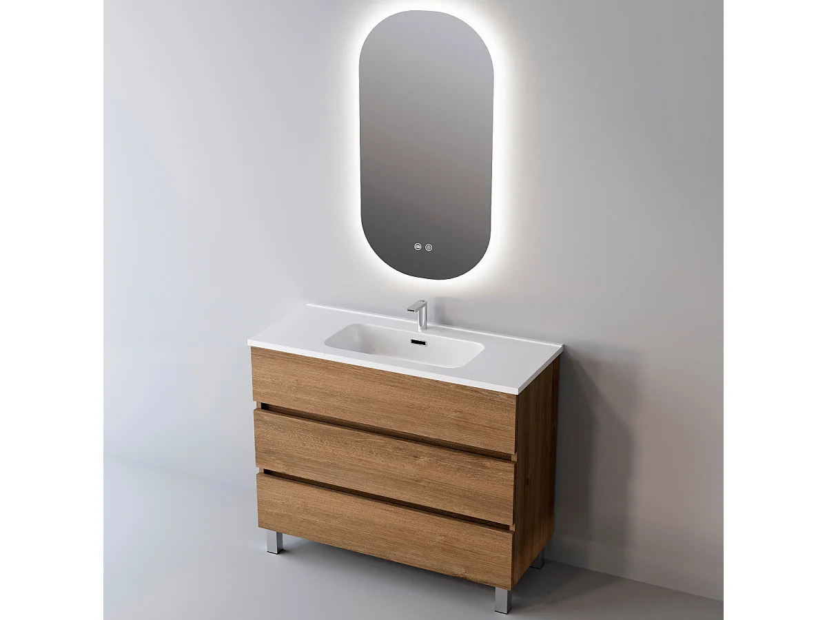 Meuble Salle de Bain ATRANI (81 cm x H90 x P45 cm), Plan Vasque Solide Surface, 3 Tiroirs, Chêne Naturel