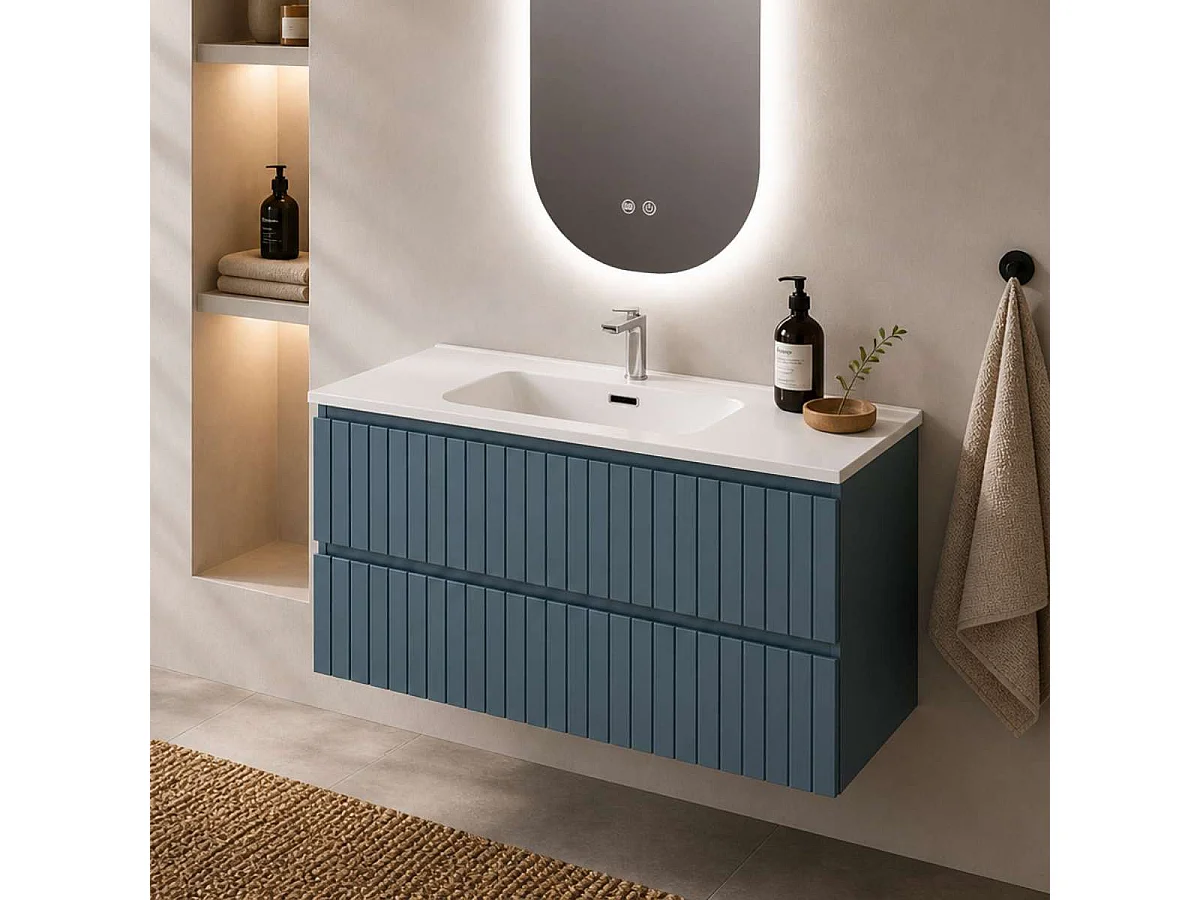 Meuble Salle de Bain GLOW 60cm - Plan Vasque Céramique, 2 Tiroirs, Laqué Bleu Cobalt, H 54cm x P 45cm