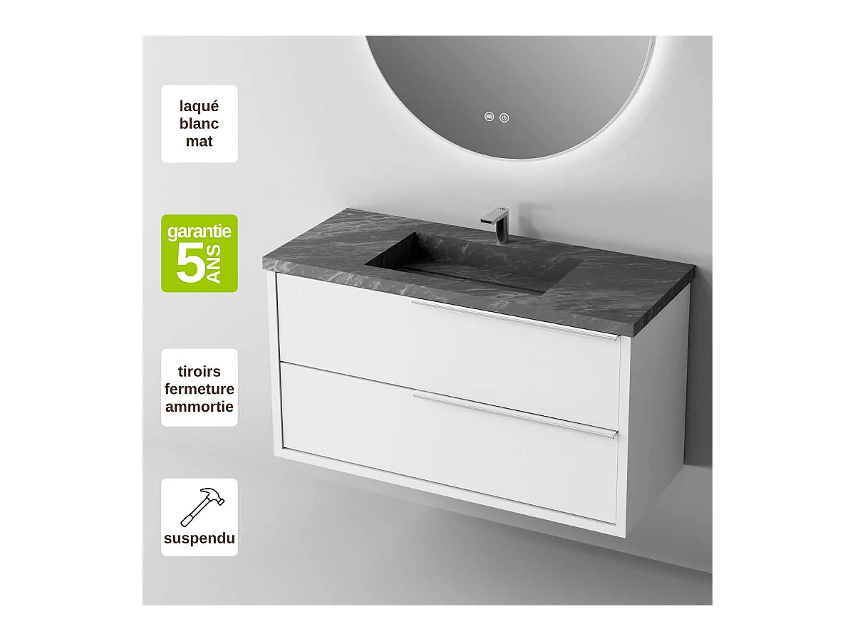 Meuble Salle de Bain LIKE (101 cm x H54 x P45 cm), Plan Vasque Grès Cérame NA, 2 Tiroirs Poignée Inox Satiné, Laqué Blanc Mat