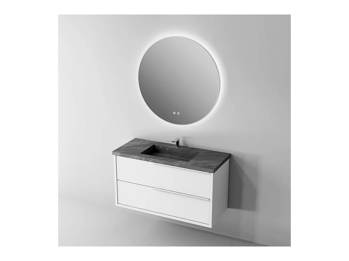 Meuble Salle de Bain LIKE (101 cm x H54 x P45 cm), Plan Vasque Grès Cérame NA, 2 Tiroirs Poignée Inox Satiné, Laqué Blanc Mat