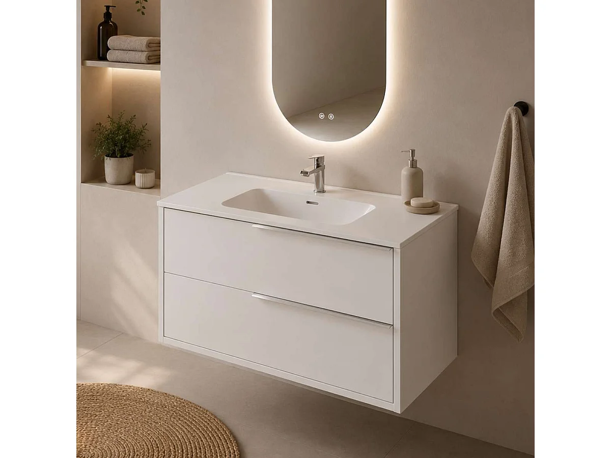 Meuble Salle de Bain LIKE 100cm, Plan Vasque Grès Cérame, 2 Tiroirs Poignée Inox Satiné, Laqué Blanc Mat, H 54cm x P 45cm