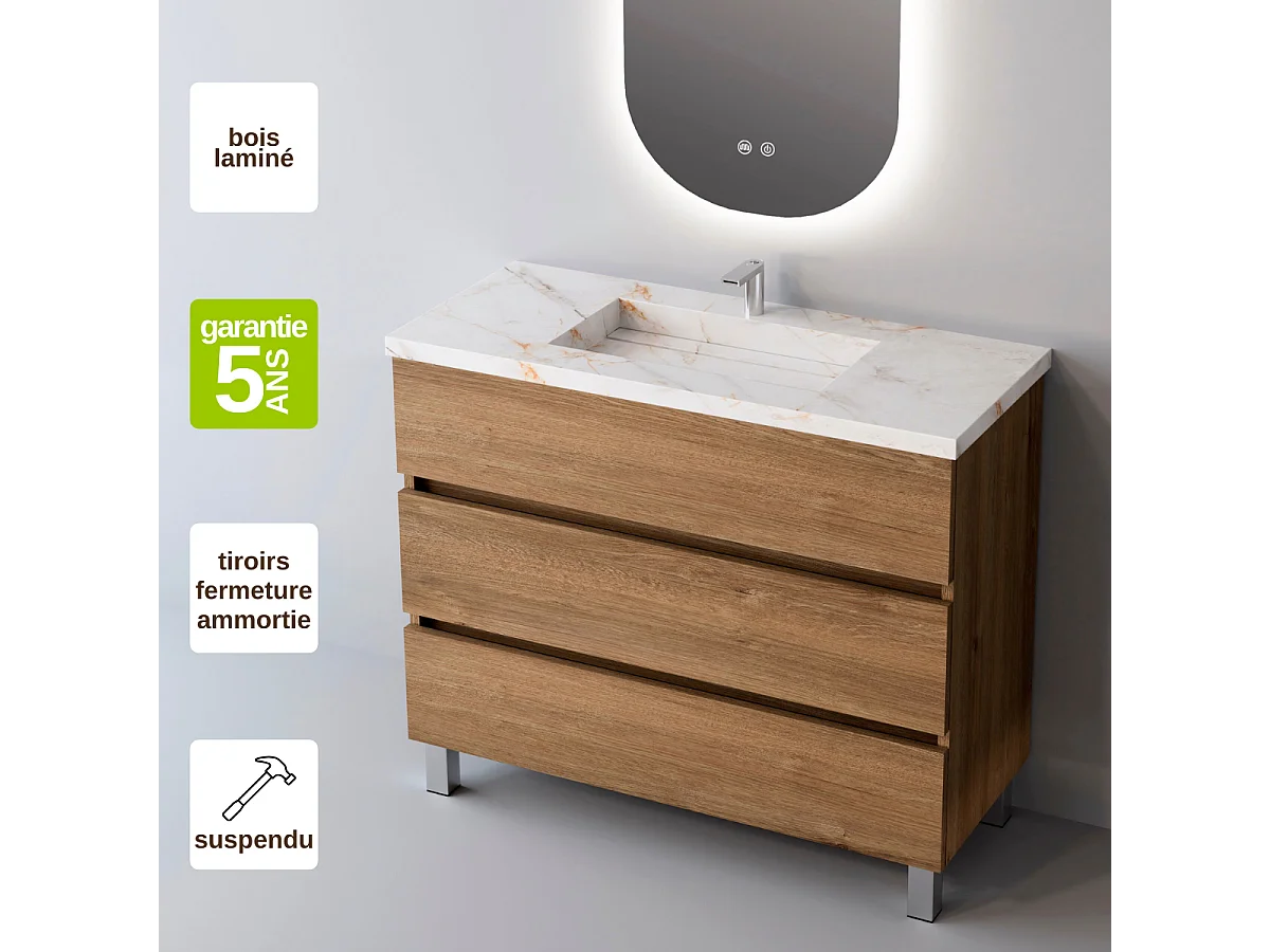Meuble Salle de Bain ATRANI (101 cm x H90 x P45 cm), Plan Vasque Grès Cérame NA, 3 Tiroirs, Chêne Naturel