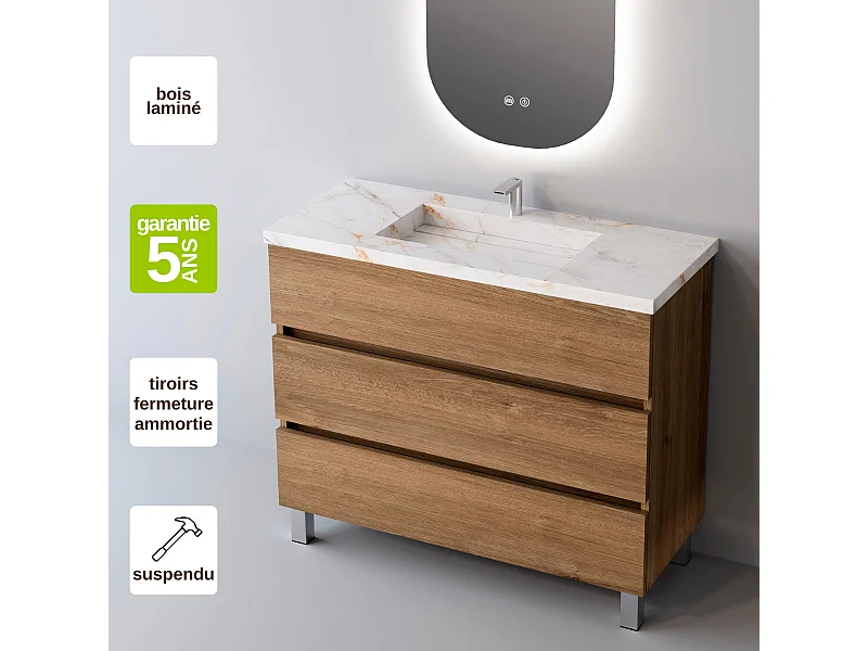 Meuble Salle de Bain ATRANI (101 cm x H90 x P45 cm), Plan Vasque Grès Cérame NA, 3 Tiroirs, Chêne Naturel