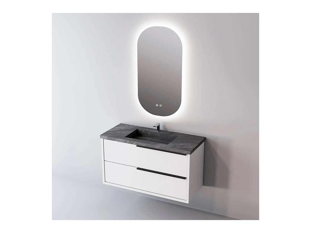 Meuble Salle de Bain LIKE (61 cm x H54 x P45 cm), Plan Vasque Grès Cérame NA, 2 Tiroirs Poignée Noir, Laqué Blanc Mat