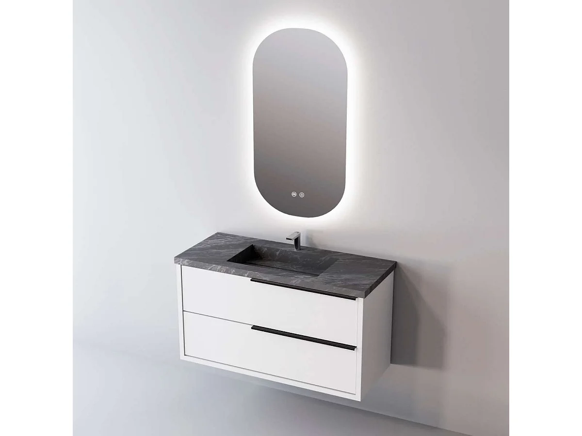 Meuble Salle de Bain LIKE (61 cm x H54 x P45 cm), Plan Vasque Grès Cérame NA, 2 Tiroirs Poignée Noir, Laqué Blanc Mat