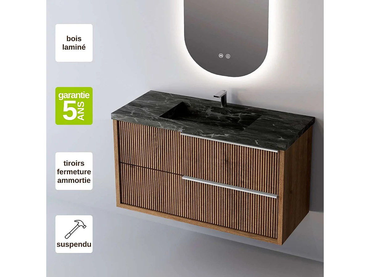 Meuble Salle de Bain TREND 60cm, Plan Vasque Grès Cérame, 2 Tiroirs Impression 3D Poignée Inox Satiné, Finition Chêne Foncé, H 54cm x P 45cm
