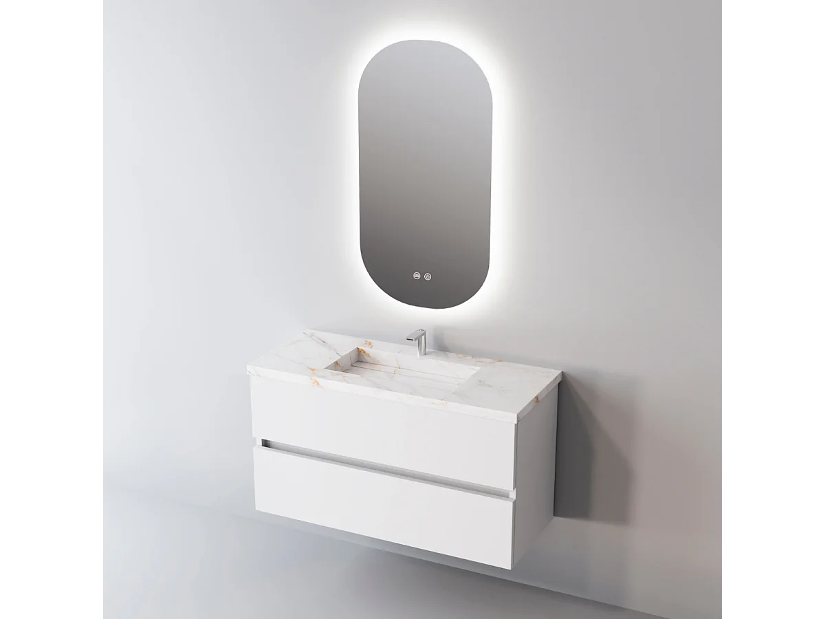 Meuble Salle de Bain ANCONA (81 cm x H54 x P45 cm), Plan Vasque Grès Cérame BS, 2 Tiroirs, Blanc Brillant